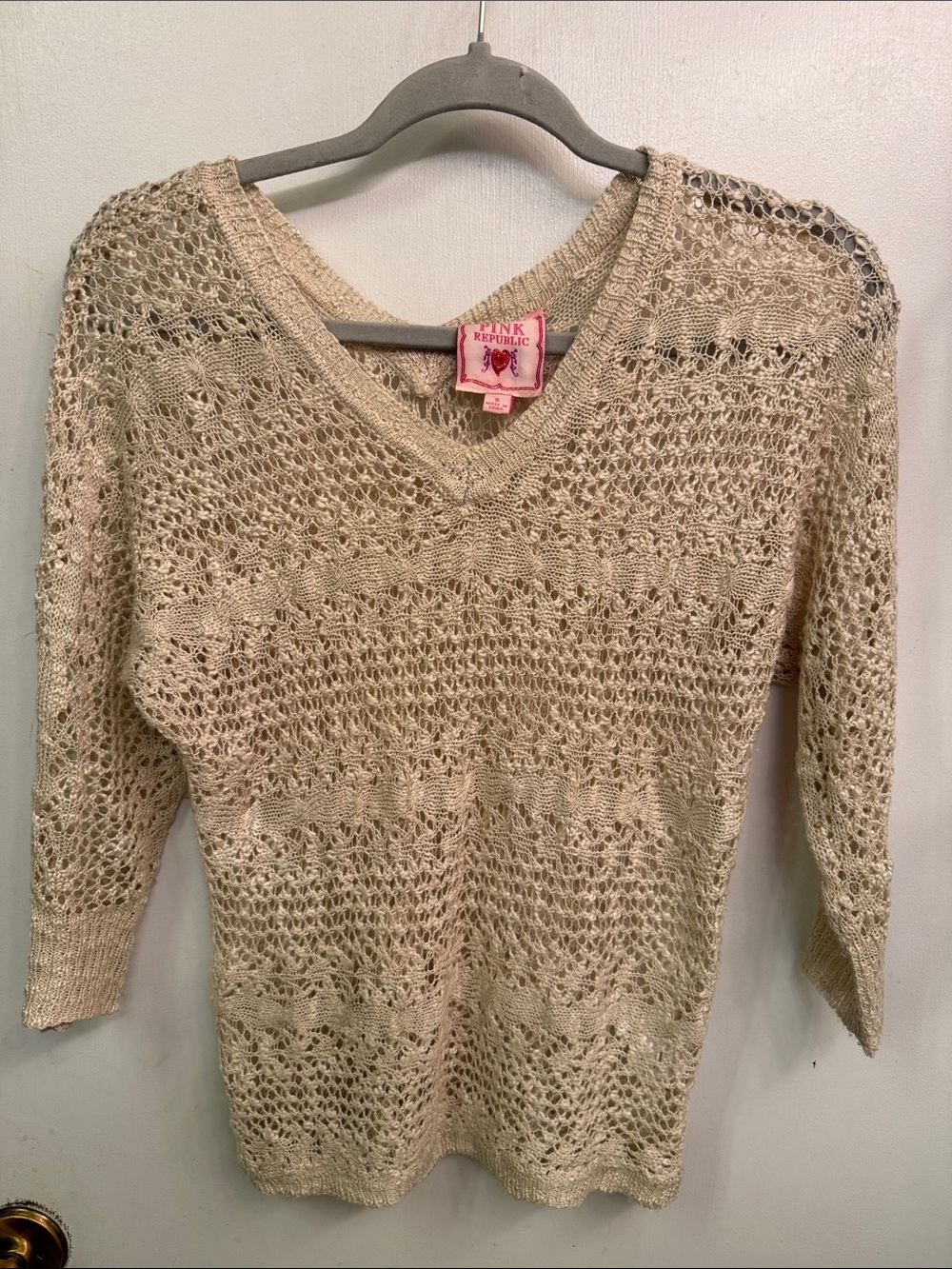 Pink Republic Beige Open-Knit V-Neck Sweater